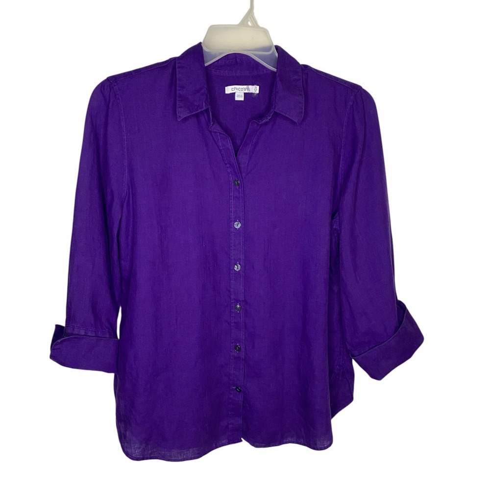 Chicos Womens Purple 100% Linen 3/4 Sleeve Button Down Shirt Size 1.5 US 10